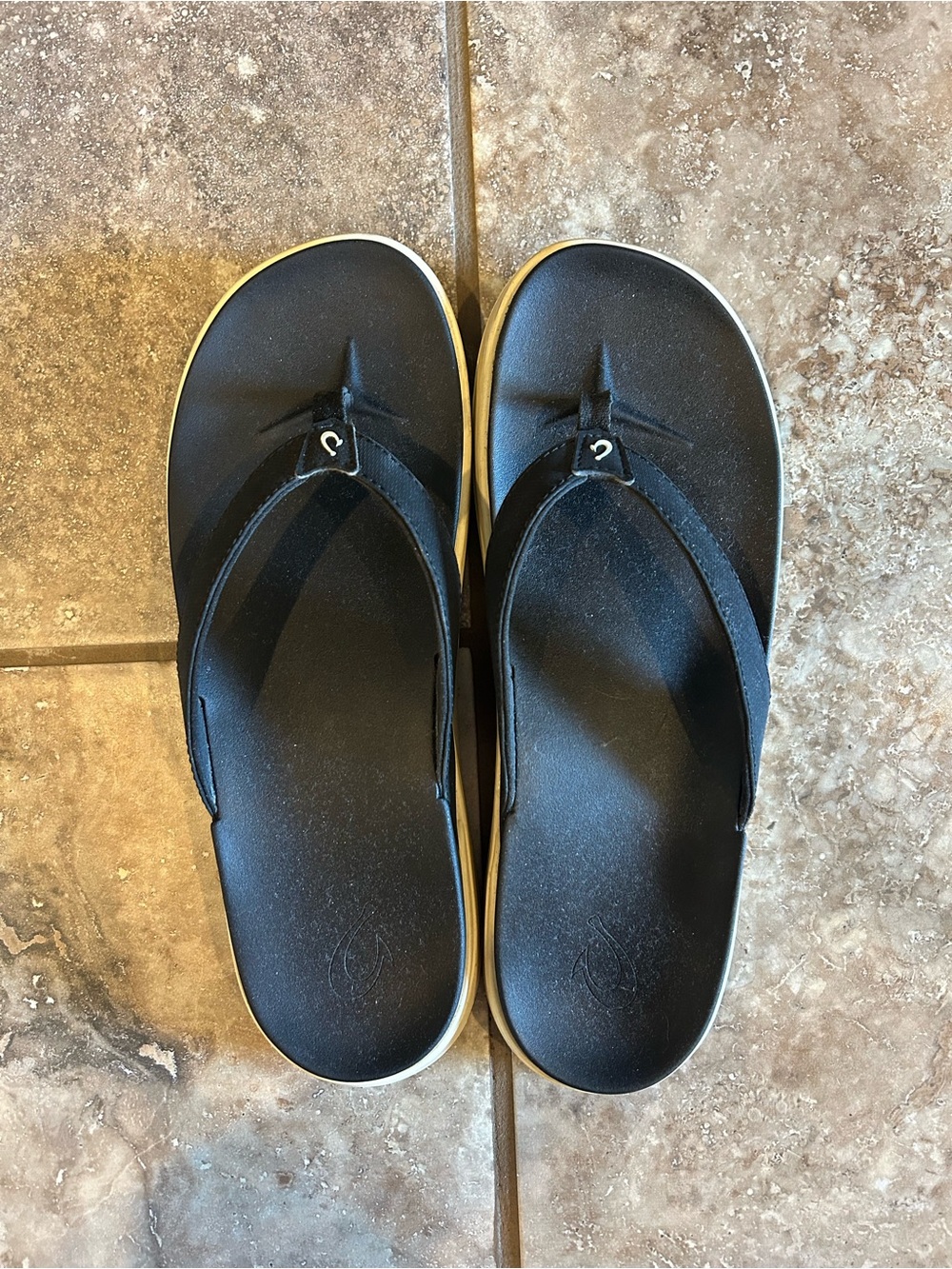 OluKai Black and Tan Flip Flop Sandals